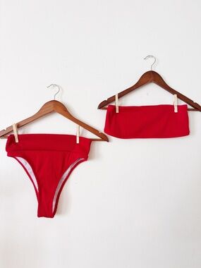 Red Ribbed Bikini Bottoms and Bandeau Top medium